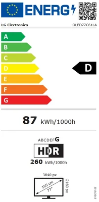 LG OLED77C61LA, 77" OLED evo, 4K (3840 x 2160), DVB-C/T2/S2, Alpha 11 AI 4K Gen3, 120Hz Native (VRR 165Hz), ThinQ AI, HDR10, NVIDIA G-SYNC, AMD FreeSync, Dolby Vision, Dolby Atmos, AI Agent, Wi-Fi 6E, Bluetooth, eARC (HDMI 2), USB, Airplay 2, CI slot, Mu
