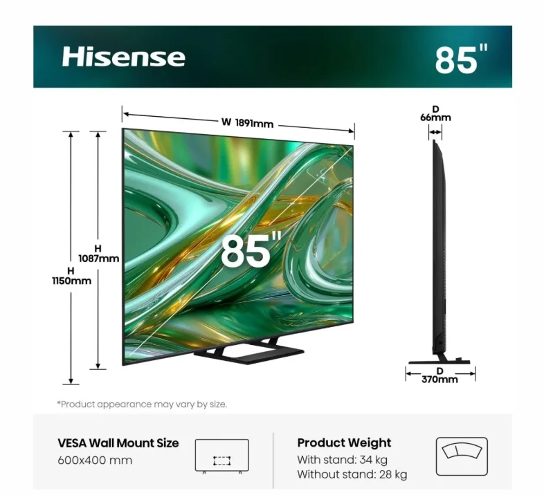 Hisense 85" E8S, 4K Ultra HD 3840x2160, ULED, Quantum Dot,144 Hz, HDR 10+, HLG, Dolby Vision, DTS Virtual X, Smart TV, Light Sensor, WiFi Direct, BT, Anyview Cast, 3xHDMI, 2xUSB, LAN, CI+, DVB-T2/C/S2,Singale stand, Black