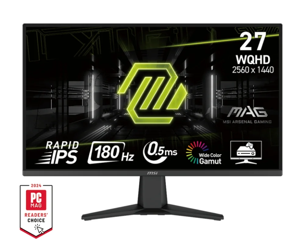 MSI MAG 275QF, 27", Rapid IPS, 0.5ms, 180Hz, AG, WQHD 2560x1440, Adaptive-Sync, AI Vision, CONSOLE MODE, LBL, Anti-Flicker, 100M:1, 300 nits, 1x DP(1.4), 2x HDMI 2.0b, Headphone-out, Tilt, VESA 100, Frameless, 9S6-3CE21M-022, Black, 3.95kg