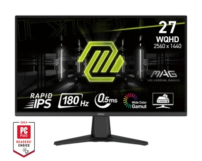 MSI MAG 275QF, 27", Rapid IPS, 0.5ms, 180Hz, AG, WQHD 2560x1440, Adaptive-Sync, AI Vision, CONSOLE MODE, LBL, Anti-Flicker, 100M:1, 300 nits, 1x DP(1.4), 2x HDMI 2.0b, Headphone-out, Tilt, VESA 100, Frameless, 9S6-3CE21M-022, Black, 3.95kg