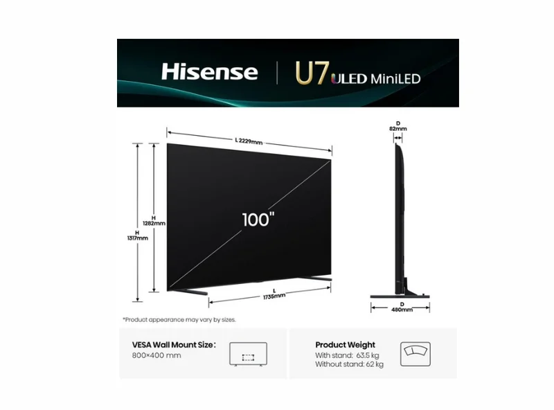 Телевизор Hisense – U7Q, 100", 4K UHD, ULED, 165Hz, Quantum Dot, Dolby Vision IQ, Vidaa