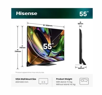 Hisense 55" UR8S, 4K Ultra HD 3840x2160, RGB Mini Led , DLED, Quantum Dot, 180Hz, IPS, HDR 10+, HLG, Dolby Vision IQ, Dolby Atmos, Smart TV,Light Sensor,WiFi 6eGHz, WiFi Direct, BT,2x10 W + 20 W + 2x5 W, Anyview Cast, 4xHDMI, 2xUSB, LAN, CI+, DVB-T2/C/S2