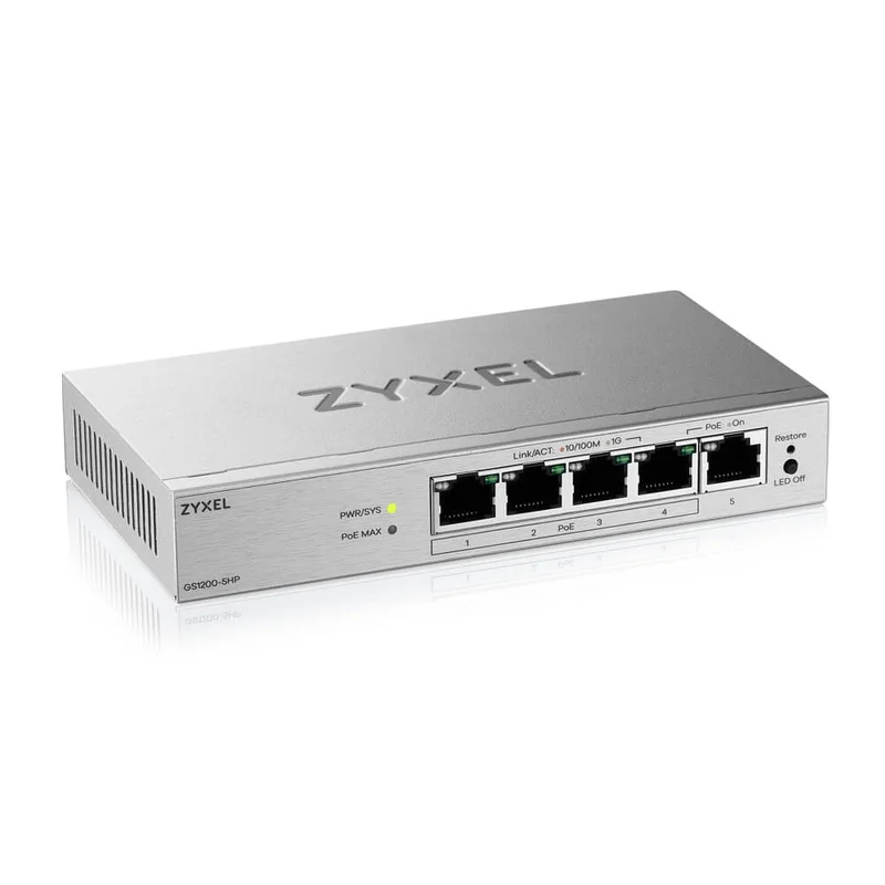 ZyXEL GS1200-5HP v3, 5 Port Gigabit PoE+ webmanaged Desktop Switch, 4x PoE, 68 Watt