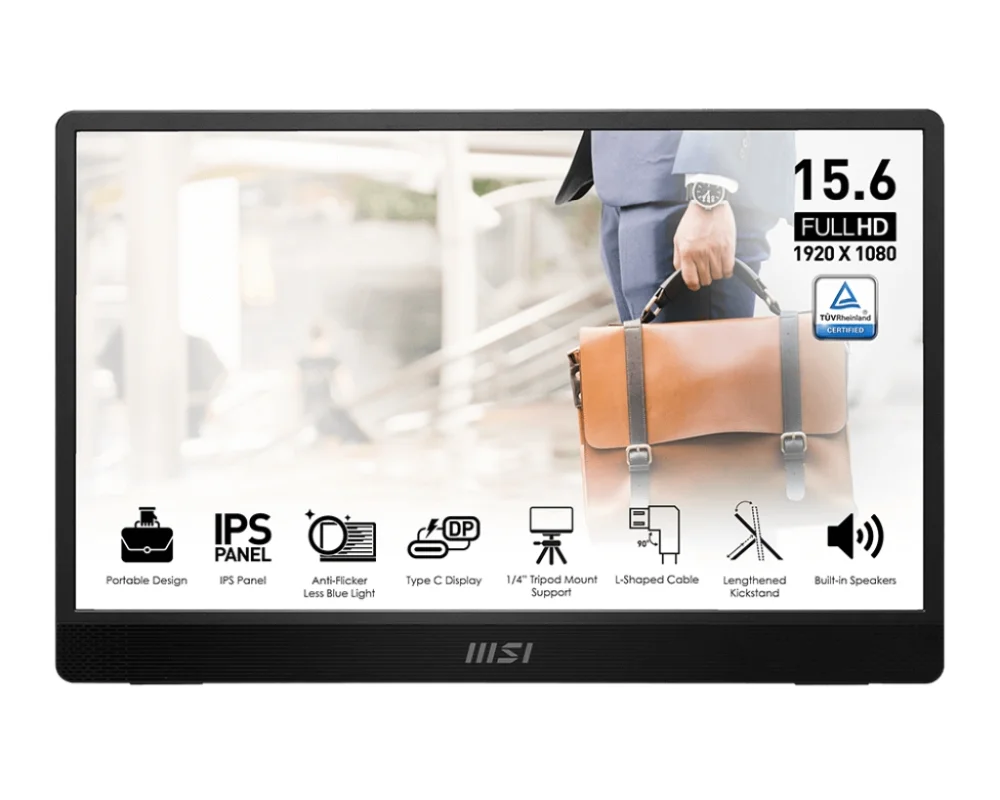 MSI PRO MP161 E2, Portable Monitor, 15.6" FHD IPS, Ultra Slim Design 1.08 cm, Connect with Smartphone, Display Kit app, MSI EyesErgo, Built-in Ergo Fold-out Kickstand, Built-in Speakers 2x 1.5W, 2x USB Type-C (DP 1.2a, 15W PD), mini HDMI, 4ms, 0.75 kg