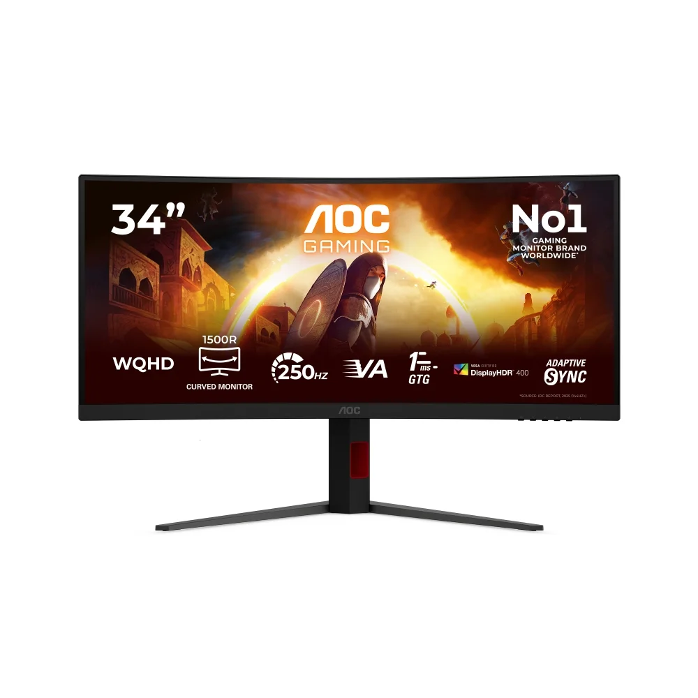 AOC CU34G4ZCA, 34" Curved 1500R, Fast VA, WLED, 3440x1440@250Hz, 1ms GtG, 0.3ms MPRT, 450cd m/2, 3000:1, Adaptive Sync, FlickerFree, Low Blue Light, Tilt, Height Adjust, Swivel, 2xHDMI, DP, USB hub