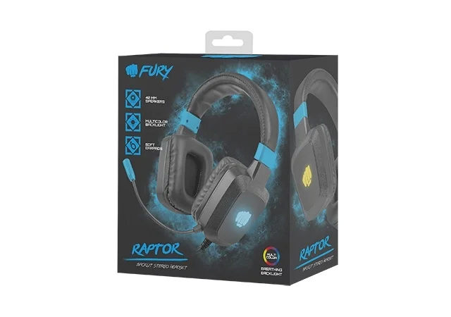 Геймърски слушалки FURY Raptor, Overhead, жично, микрофон, Black/Blue