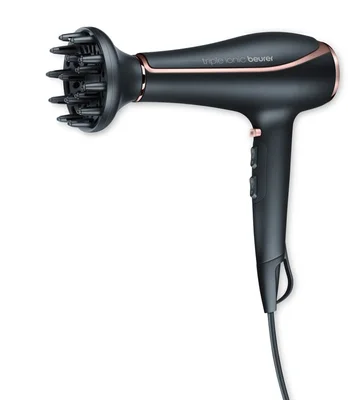 Сешоар Beurer HC 80, 2200 W, тройна йонизираща функция, професионален AC мотор, 2 приставки, 3 температурни степени, 2 скорости, студен въздух, защита от прегряване
