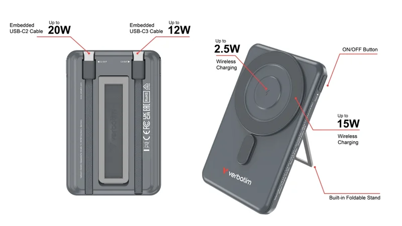 Външна батерия Verbatim Charge 'n' Go 2C 5000mAh магнитна безжична с 2 USB-C кабела и стойка, сива