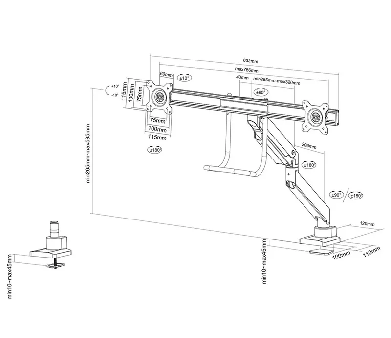 Neomounts Monitor arm 10-32" - gas spring - Topfix - 180°-stop