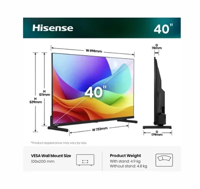 Hisense 40" A5S, Full HD 1920x1080, QLED, Quantum Dot, HDR, HLG, DTS HD, Light Sensor, Dolby Audio, Smart TV, WiFi, WiFi Direct, 2xHDMI, 2xUSB, LAN, CI+, DVB-T2/C/S2, Black