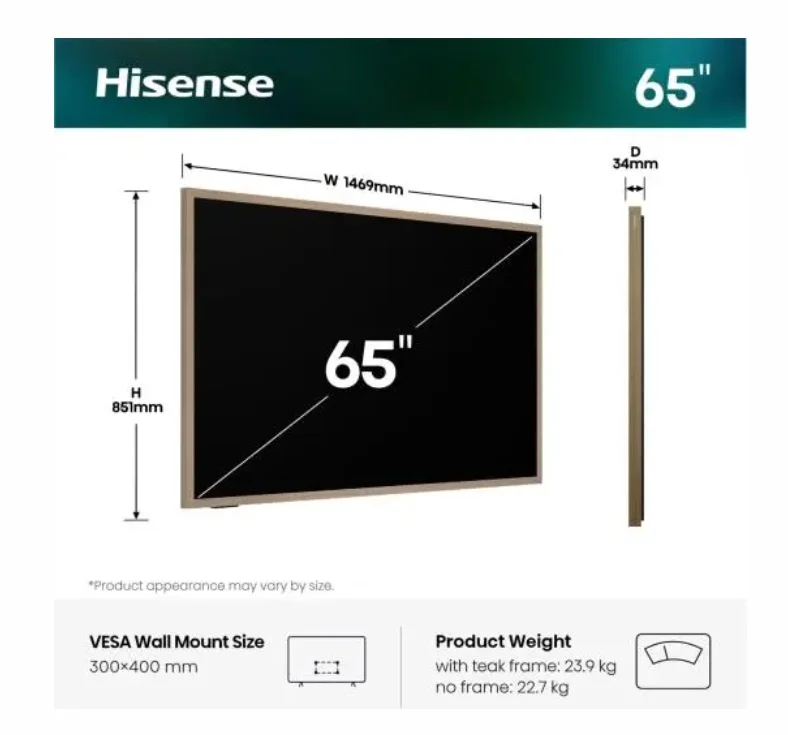 Hisense CanvasTV, 65",QLED 4K Ultra HD 3840x2160, 144hz, 4000:1, 400 nits, 16:9,VIDAA Smart OS,DTS Virtual X,HDR,HDR 10+,Dolby vision IQ, 2x10 W + 2x8 W,4 xHDMI,DVB-T2/T/C/S2/S, Black
