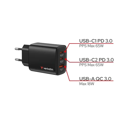 Зарядно устройство Verbatim Essentials GaN 65W, EU, черен