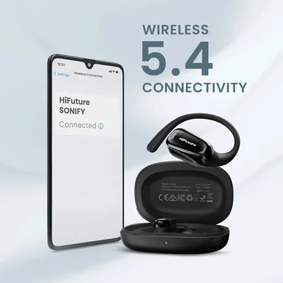 HiFuture Sonify Black, Open Ear Comfort, Bluetooth 5.4, 4 Mics ENC Calling System, Playtime up to 20 Hours, IPX5 Waterproof, 15mm Driver Bass Boost