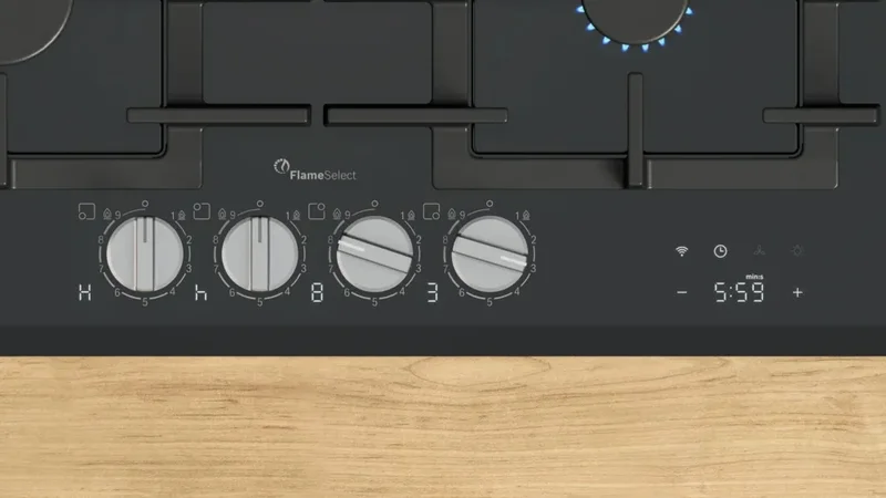Bosch PRP6A6H40, SER8, Gas hob, 4 zones, 9 power levels, FlameSelect new, Smart Hood Automatic, Touch control, Easy cleaning, illuminated metal knobs, display, black, Front-bevel, HC, 60cm