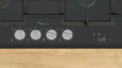 Bosch PRP6A6H40, SER8, Gas hob, 4 zones, 9 power levels, FlameSelect new, Smart Hood Automatic, Touch control, Easy cleaning, illuminated metal knobs, display, black, Front-bevel, HC, 60cm