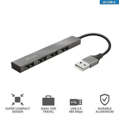 USB хъб TRUST Halyx 4-портов, USB 2.0, мини, алуминиев корпус