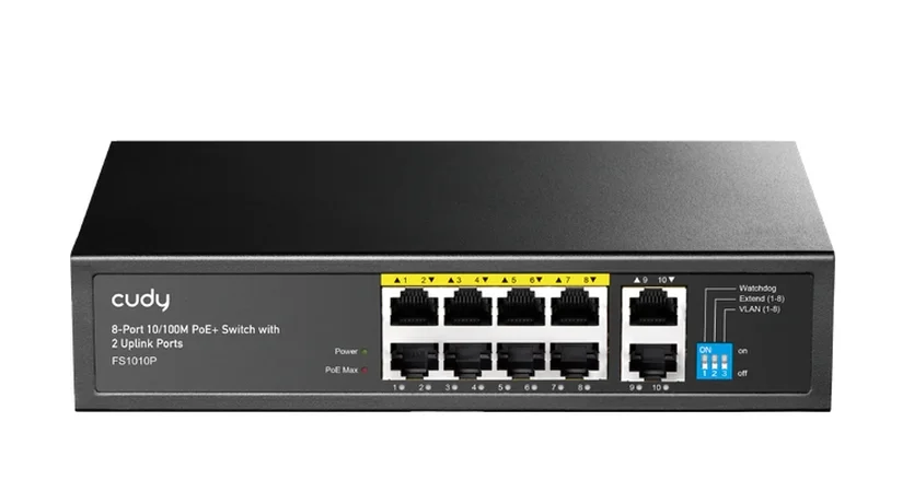 Cudy FS1010P 8-Port 10/100M PoE+ Switch with 2 Uplink Ports 120W 8-Port 10/100M PSE RJ-45 +2 RJ45 10/100M Uplink Port Unmanaged PoE+ Switch, Steel Case, 120W Internal Power Supply