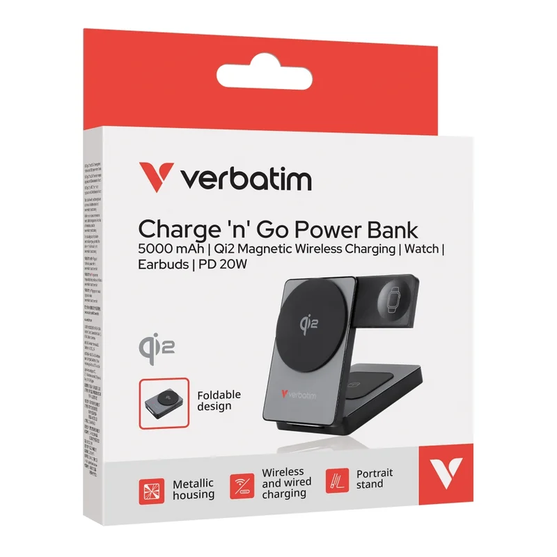 Външна батерия Verbatim Foldable 3-в-1 Qi2 Magnetic Wireless 5000mAh, сива
