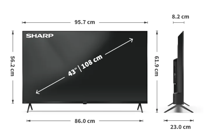 Sharp 43HL4265E, 43" Google TV, 4K Ultra HD  3840x2160 Frameless, 1 000 000:1, AQUOS, DVB-T/T2/C/S/S2, Active Motion 1000, HDR10, Dolby Atmos, Dolby Vision, Google Assistant, Google Cast, HDMI 2.1 with eARC, 3.5mm Headphone jack / line-out, USB, Wi-Fi