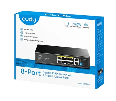 Cudy GS1010P 8-Port Gigabit PoE+ Switch with 2 Gigabit Uplink Ports 120W8 RJ-45 10/100/1000M PSE ports + 2 RJ45 10/100/1000  Uplink Port Unmanaged PoE+ Switch, Rack-mountable Steel Case, 120W Internal Power Supply
