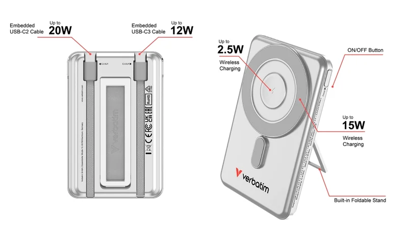 Verbatim Charge 'n' Go 2C Power Bank Magnetic Wireless 5000mAh with 2 USB-C Cables & Stand Silver