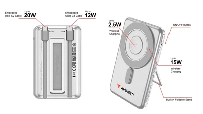 Verbatim Charge 'n' Go 2C Power Bank Magnetic Wireless 5000mAh with 2 USB-C Cables & Stand Silver