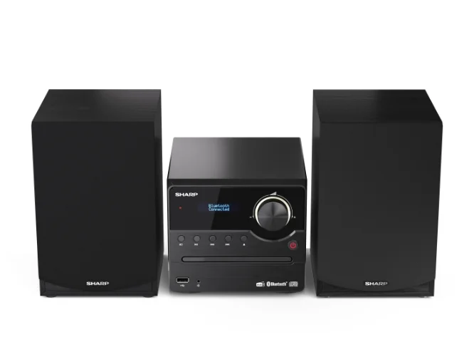 Sharp Audio Systems XL-B517D(BK), HI-FI MICRO SYSTEM, 45W total max power output, DAB+ and FM tuner with RDS, Bluetooth v5.0, CD player, USB playback, 3.5mm Aux-in / line-in, Headphone jack, wooden speaker, Black