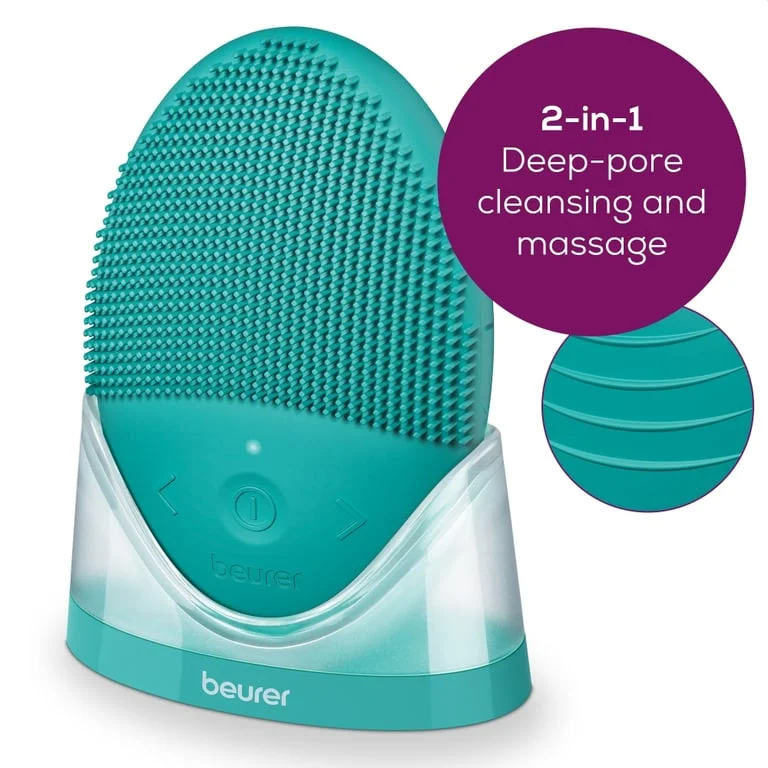 Beurer FC 52 Laguna silicone facial brush, 2-in-1 function - deep-pore cleansing & gently massage, Vibration technology, 15 intensities, Water-resistant, USB-C charging cable