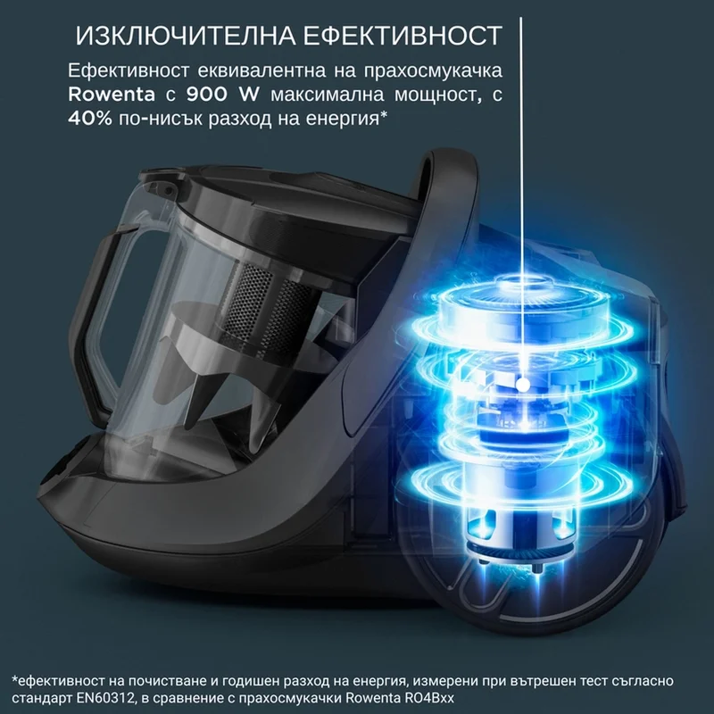 Прахосмукачка Rowenta RO7C32EA Green Force Cyclonic Effitech 900W, HEPA, 2.5 л, за сухо почистване, черна
