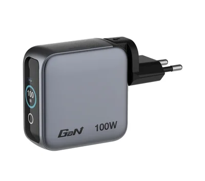 Зарядно устройство Verbatim Mini GaN 100W с дисплей и USB-C към USB-C кабел 100W, сиво