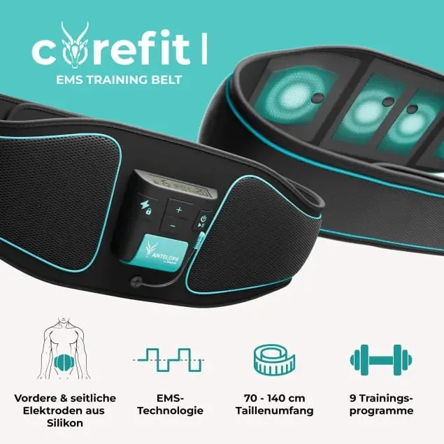 Beurer Antelope Corefit I,  Effective abdominal EMS training of the central and lateral abdominal muscles; Electrodes: 2x frontal & 2x lateral abdominal muscles; 9 training programmes (20 - 30 min.); adjustable intensity /0-40/; abdominal circumferences