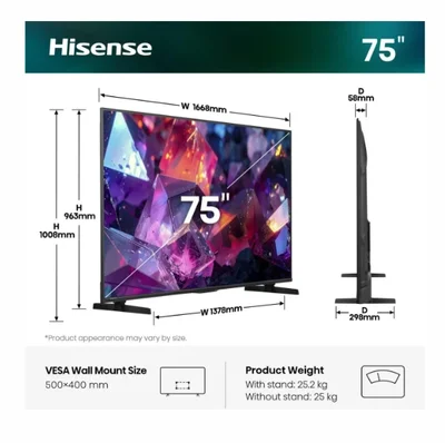Hisense 75" E7S Pro, 4K Ultra HD 3840x2160, QLED, Quantum Dot, 144Hz, HDR 10+ adaptive, HLG, Dolby Vision, Hi-Concerto,Dolby Vision Atmos, Smart TV, WiFi 5GHz, WiFi Direct,Light Sensor, BT, Anyview Cast, 4xHDMI, 2xUSB, LAN, CI+, DVB-T2/C/S2, Black