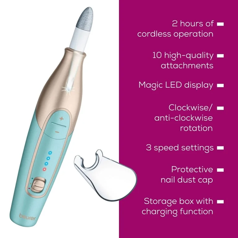 Beurer MP 84 Premium Manicure/pedicure set, 10 attachments, 3 speed levels, Ergonomic design and bright LED light, Lithium ion battery, with practical charging and storage case