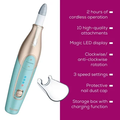 Beurer MP 84 Premium Manicure/pedicure set, 10 attachments, 3 speed levels, Ergonomic design and bright LED light, Lithium ion battery, with practical charging and storage case