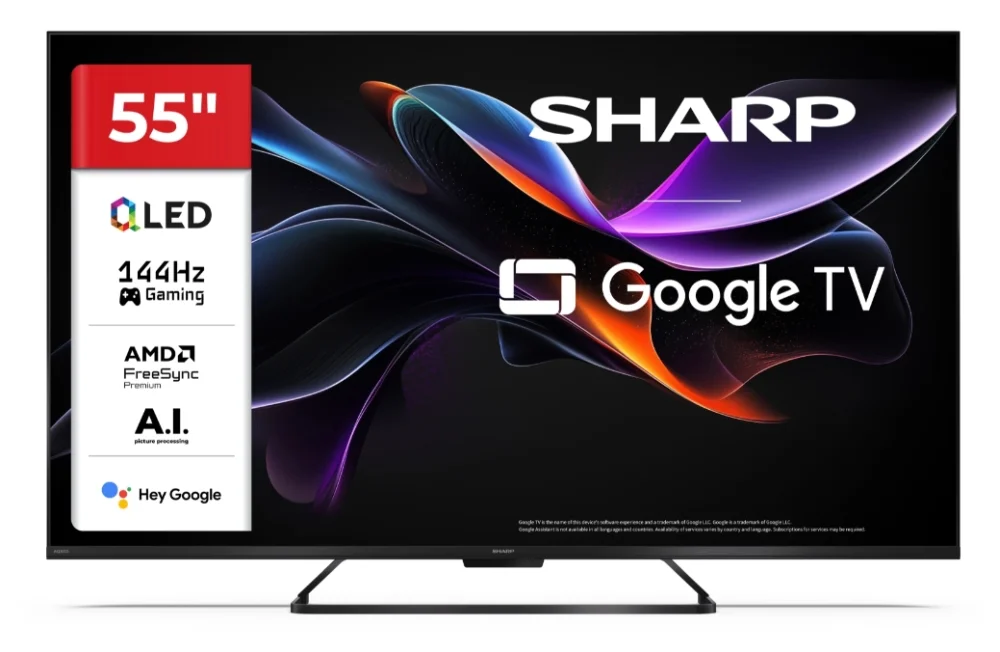 Sharp 55HR7265E, 55" QLED  GOOGLE TV, 4K 144Hz Quantum Dot 3840x2160 Frameless, AQUOS AI, DVB-T/T2/C/S/S2, Active Motion 1400, HDR10, Dolby Atmos, Dolby Vision, DTS:X, Google Assistant, HDMI eARC, Mini Composite/CVBS + Audio input, USB, Wi-Fi, Bluetooth