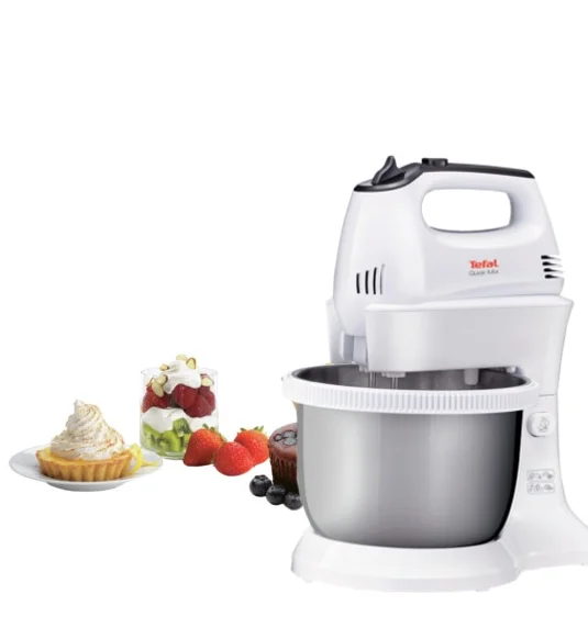 Tefal HT312138, Quick mix Hand Mixer with bowl, 300 W, 5 Speeds + turbo, 2 Beaters, 2 Dough hooks, automatic rotating bowl, white & inox standbowl