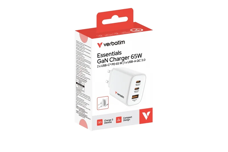Зарядно устройство VERBATIM – Essentials GaN 65W, EU щепсел, бяло