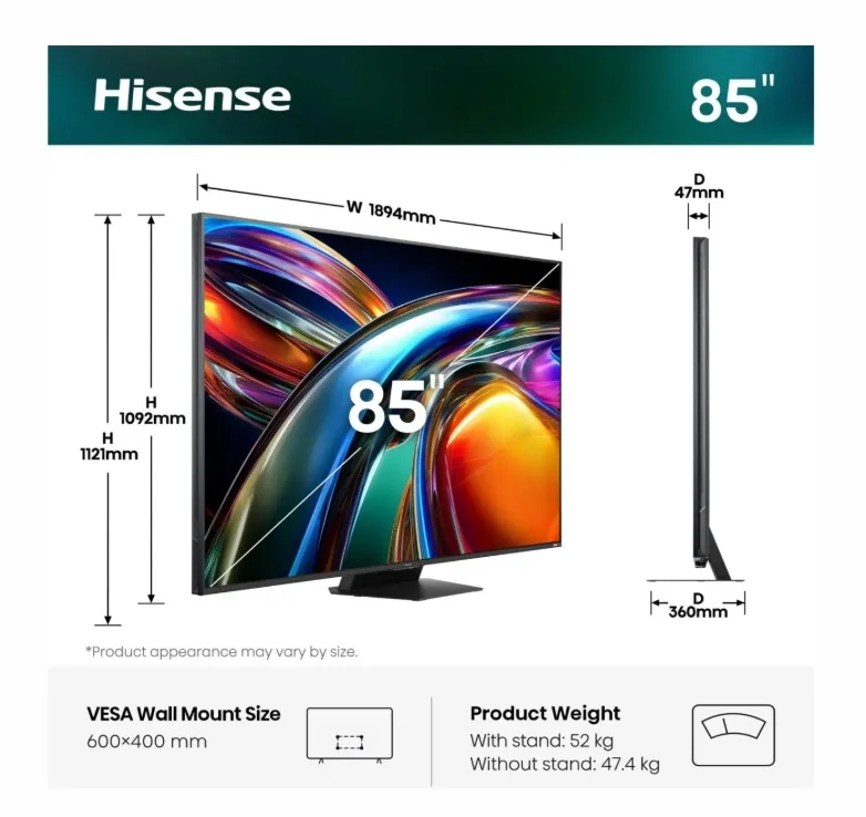 Hisense 85" UR9S, 4K Ultra HD 3840x2160, RGB Mini Led , DLED, Quantum Dot, 180Hz, IPS, HDR 10+, HLG, Dolby Vision IQ, Dolby Atmos, Smart TV,Light Sensor,WiFi 6eGHz, WiFi Direct, BT,2x15 W + 2x10 W + 20 W + 2x10W, Anyview Cast, 3xHDMI, 2xUSB, LAN, CI+, DV