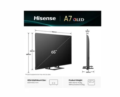 Hisense 65" A7Q, 4K Ultra HD 3840x2160, QLED, HDR 10+, HLG, Dolby Vision, Dolby Atmos, Smart TV, Light Sensor, WiFi Direct, BT, Anyview Cast, 3xHDMI, 2xUSB, LAN, CI+, DVB-T2/C/S2, Black