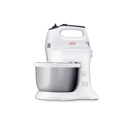 Tefal HT312138, Quick mix Hand Mixer with bowl, 300 W, 5 Speeds + turbo, 2 Beaters, 2 Dough hooks, automatic rotating bowl, white & inox standbowl