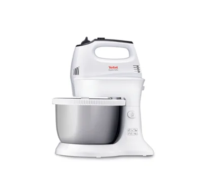 Tefal HT312138, Quick mix Hand Mixer with bowl, 300 W, 5 Speeds + turbo, 2 Beaters, 2 Dough hooks, automatic rotating bowl, white & inox standbowl
