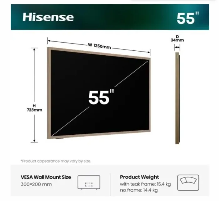 Hisense CanvasTV, 55",QLED 4K Ultra HD 3840x2160, 144hz, 4000:1, 400 nits, 16:9,VIDAA Smart OS,DTS Virtual X,HDR,HDR 10+,Dolby vision IQ, 4 xHDMI,2x10 W + 2x8 W,DVB-T2/T/C/S2/S, Black