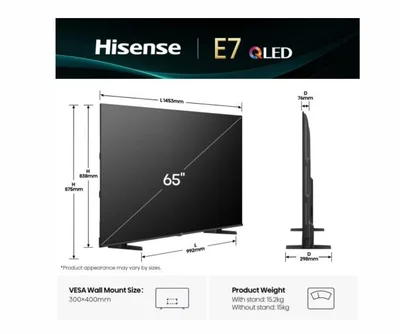 Hisense 65" E7Q, 4K Ultra HD 3840x2160, QLED, Quantum Dot, HDR 10+, HLG, Dolby Vision, DTS Virtual X, Smart TV,Light Sensor,WiFi Direct, BT, Anyview Cast, 3xHDMI, 2xUSB, LAN, CI+, DVB-T2/C/S2, Black