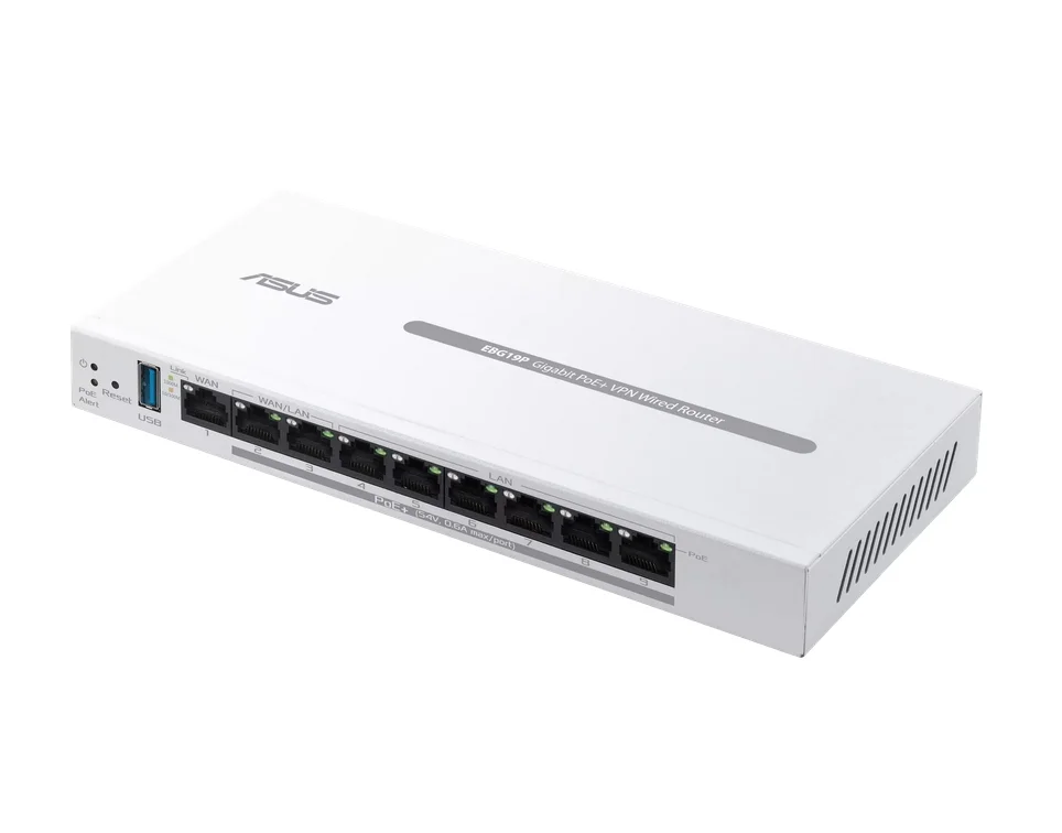 Asus Business Gigabit PoE+ VPN Wired Router, ExpertWiFi EBG19P, 8 PoE+ ports, 123W, 1 gigabit WAN+2 gigabit WAN/LAN, USB 3.2, PoE centralized control, SDN, guest portal, Multi-WAN, Commercial-Grade Network Security & VPN, wall mounting,White