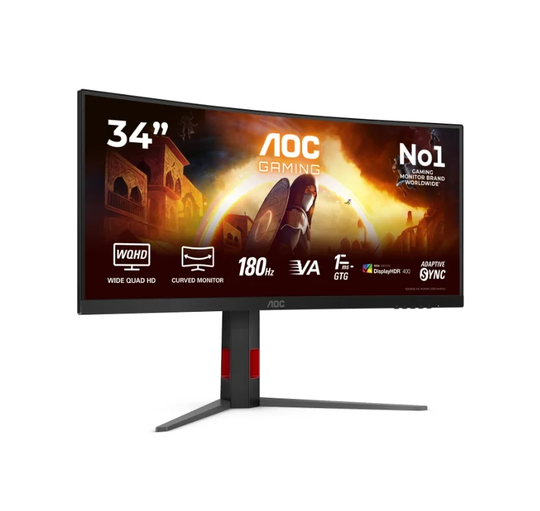 AOC CU34G4CA, 34" Curved 1500R, Fast VA, WLED, 3440x1440@180Hz, 1ms GtG, 0.5ms MPRT, 450cd m/2, 3000:1, Adaptive Sync, FlickerFree, Low Blue Light, Tilt, Height Adjust, Swivel, 2xHDMI, DP, USB hub