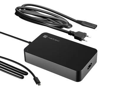 Захранващ адаптер Natec Grayling, 90W, USB-C, съвместим с лаптопи, таблети и смартфони