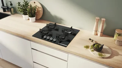 Bosch PPH6A6I10, SER6, Gas hob, 4 zones, Wok burner, 9 power levels, FlameSelect new, Easy cleaning, metal knobs, black, flush, 60cm