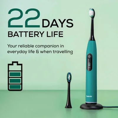 Beurer SC 50 ocean breeze Electric Sonic Toothbrush, up to 80,000 mov/min, 5 cleaning programs: Clean, Sensitive, Polish, Gum Care, Whiten, Pressure sensor , 2-min. timer, Incl. 2 toothbrush heads and magnetic charging plate, 22 days of battery life