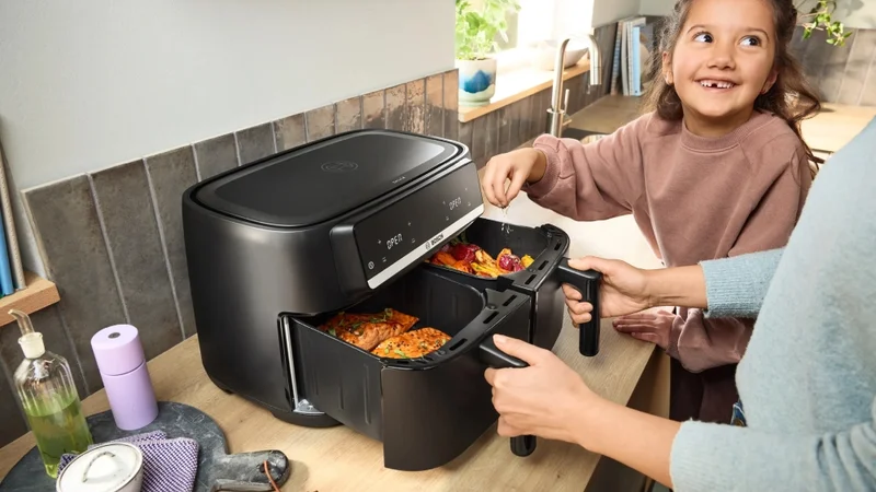 Фритюрник с горещ въздух Bosch – MAFD440B7, Double Flex Drawer, 9L (2x4.5L), 2500W, 40-230°C, тъч контрол, черен