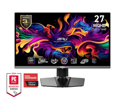 MSI MPG 271QRX QD-OLED, 26.5", 360Hz, 0.03ms, WQHD 2560x1440, Oled Care 2.0, Fanless Design with Graphene, ClearMR 13000, KVM, Mystic Light, AI VISION, 250 nits, 1500000:1, 100M;1, DP (1.4a), 2x HDMI (2.1), Type-C (DP alt. PD 90W), USB HUB, Adj.Stand 110